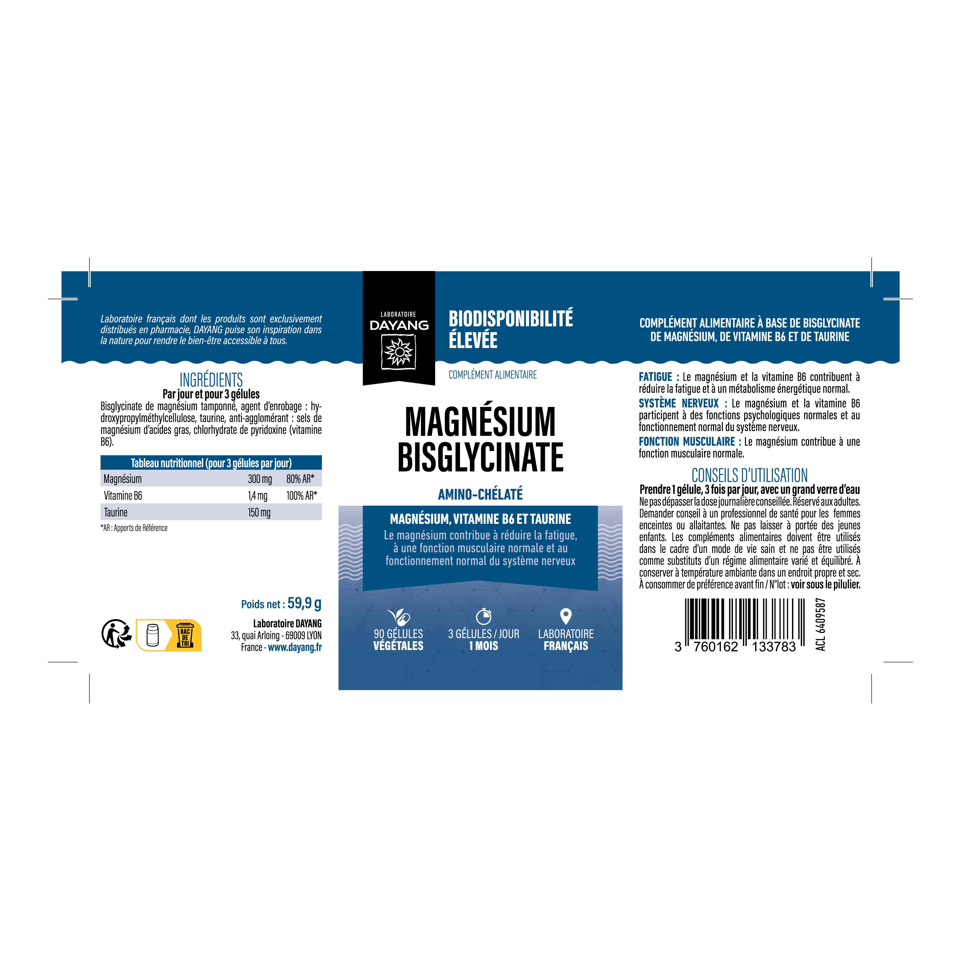 Magnésium bisglycinate (amino-chélaté 300 mg - Taurine - B6)